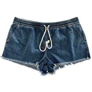 Aerie Womens Size Large Blue Soft Denim Pull On Shorts Medium Wash Raw Hem